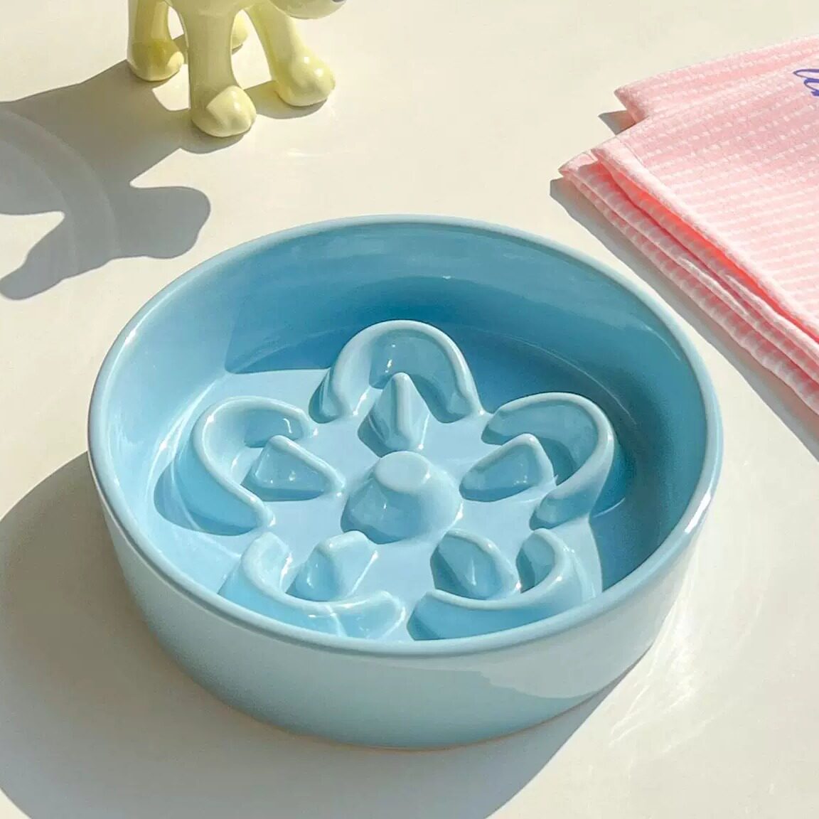 Ceramic Slow Feeder Pet Bowl with Wooden Stand