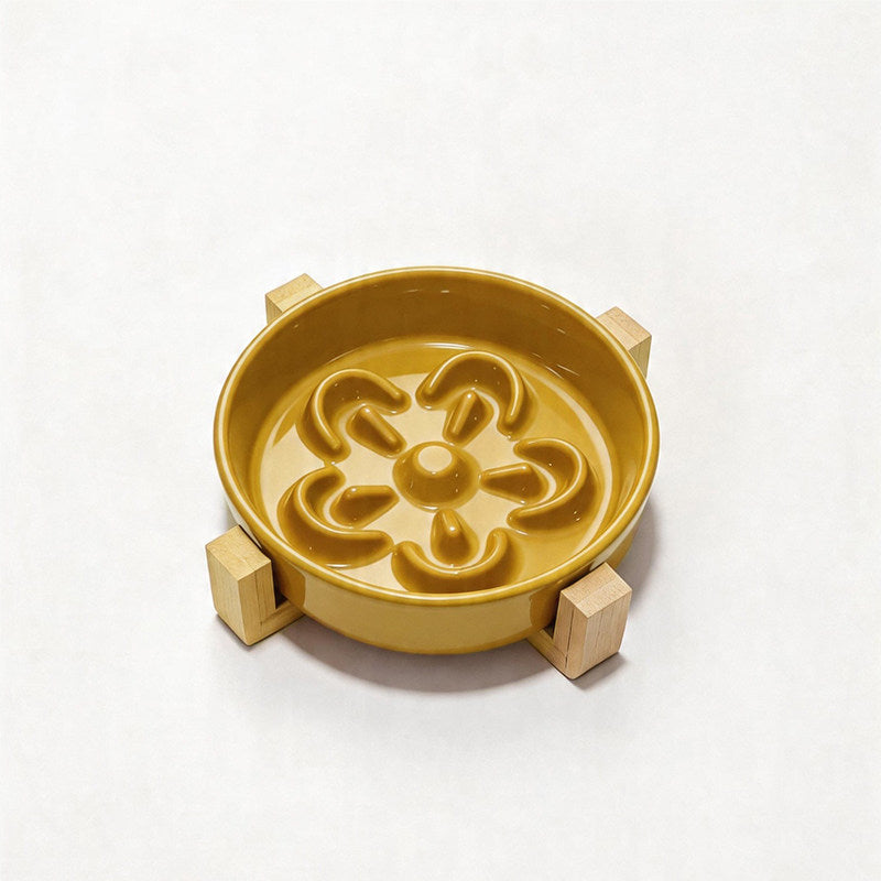 Ceramic Slow Feeder Pet Bowl with Wooden Stand