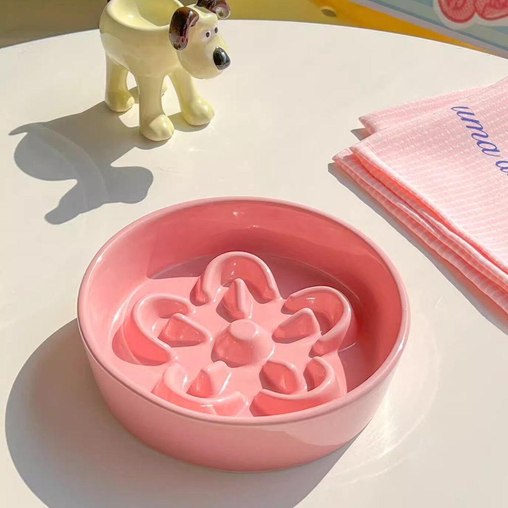 Ceramic Slow Feeder Pet Bowl with Wooden Stand