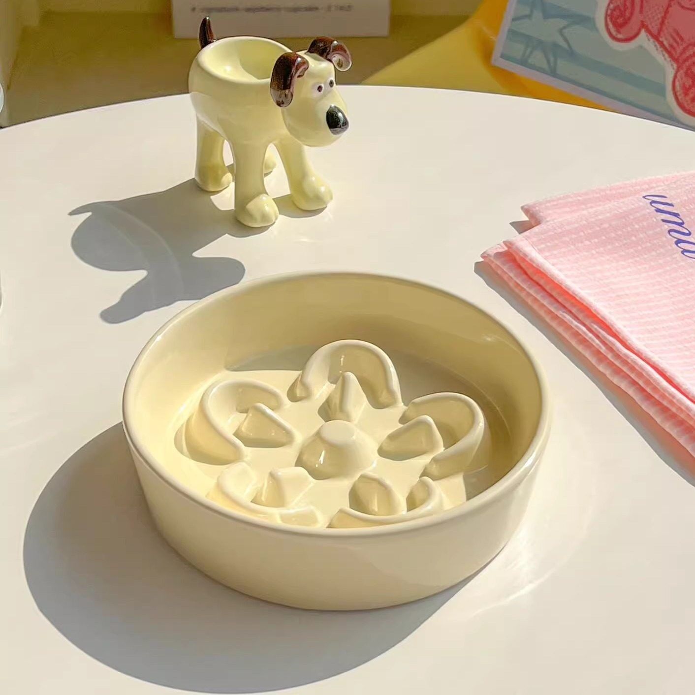 Ceramic Slow Feeder Pet Bowl with Wooden Stand