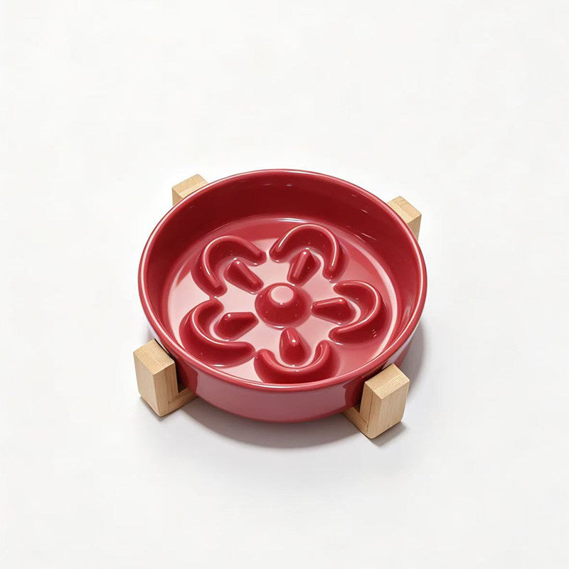 Ceramic Slow Feeder Pet Bowl with Wooden Stand