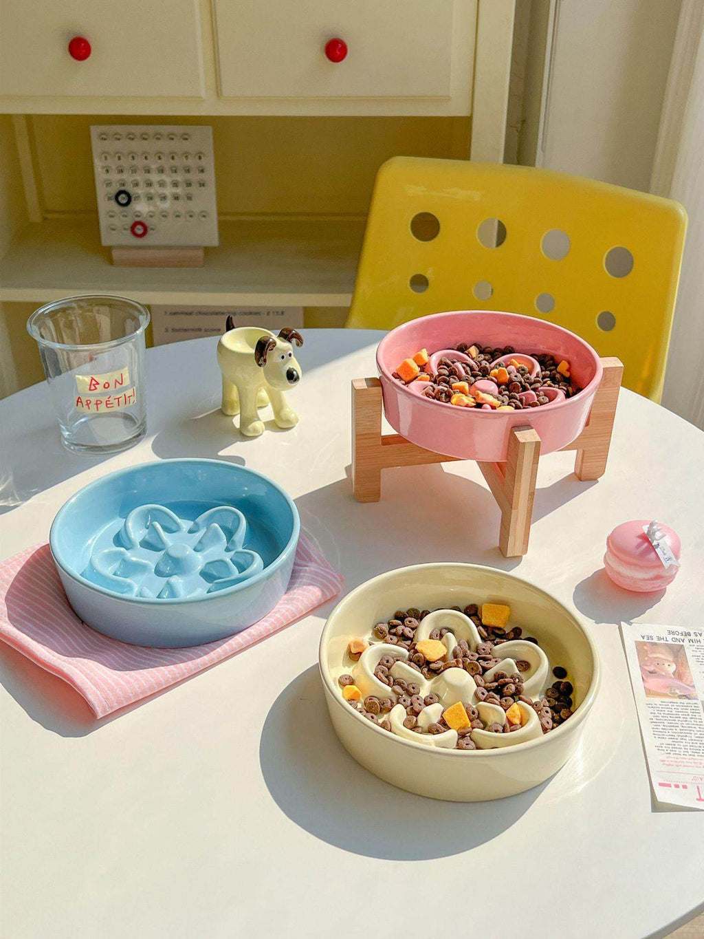 Ceramic Slow Feeder Pet Bowl with Wooden Stand