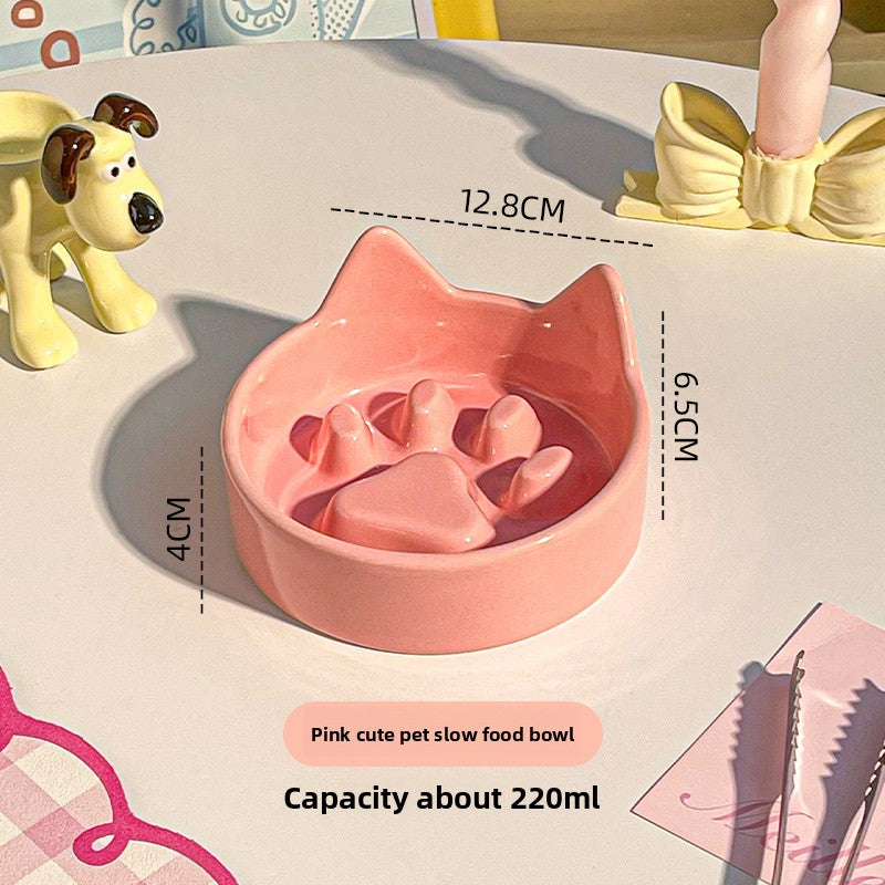 Ceramic Slow Feeder Pet Bowl with Wooden Stand