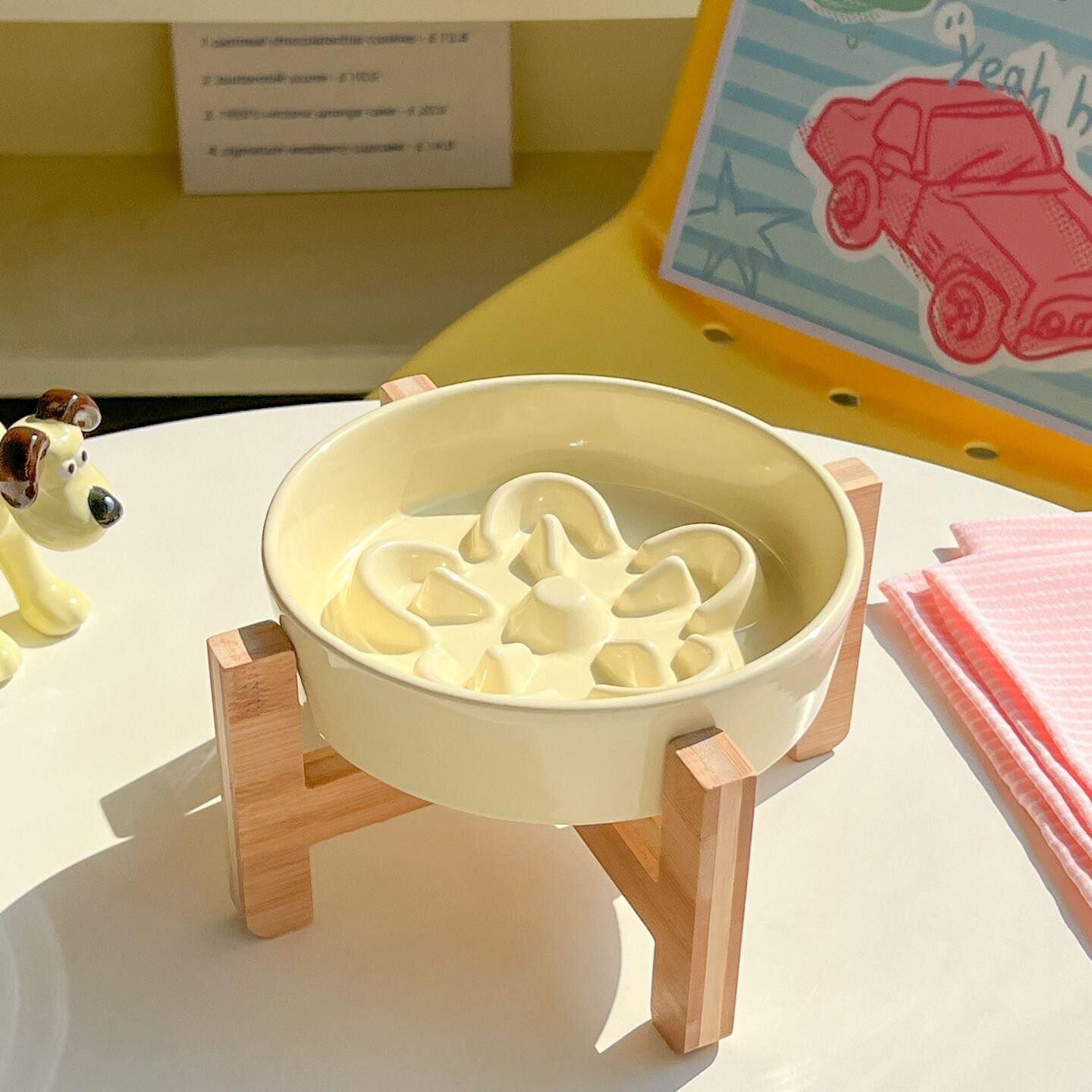 Ceramic Slow Feeder Pet Bowl with Wooden Stand