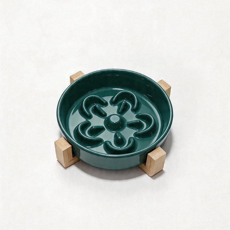 Ceramic Slow Feeder Pet Bowl with Wooden Stand