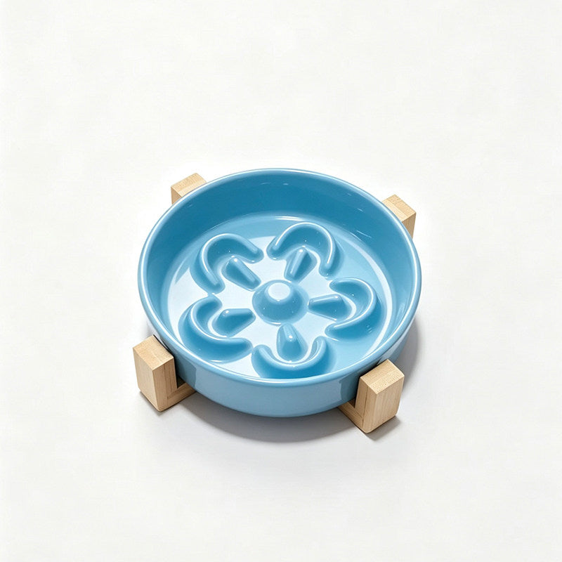Ceramic Slow Feeder Pet Bowl with Wooden Stand